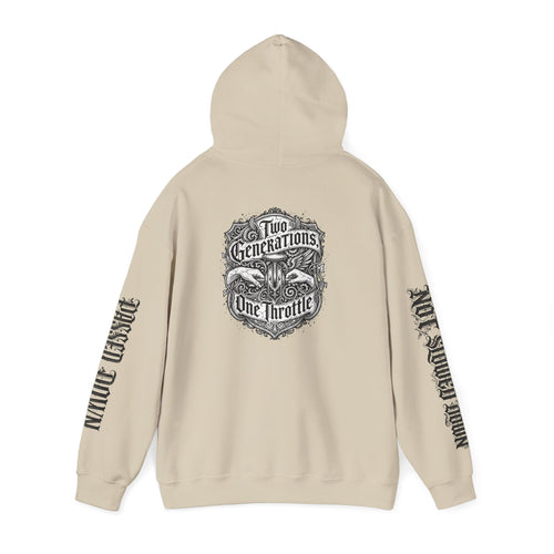 Hoodie — "Two Generations, One Throttle" Vintage Motorcycle Chest Logo