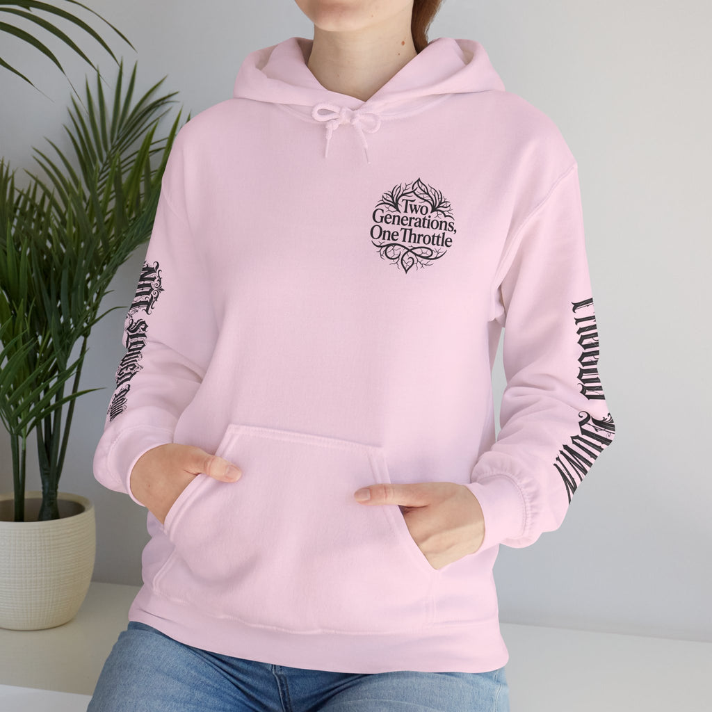 Hoodie — "Two Generations, One Throttle" Vintage Motorcycle Chest Logo