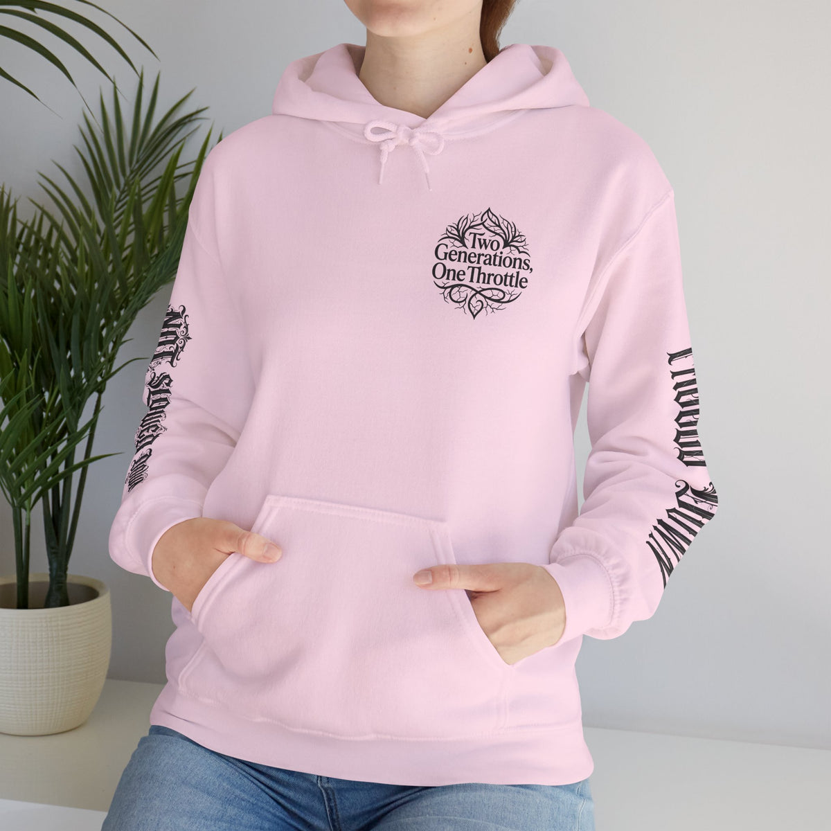Hoodie — "Two Generations, One Throttle" Vintage Motorcycle Chest Logo