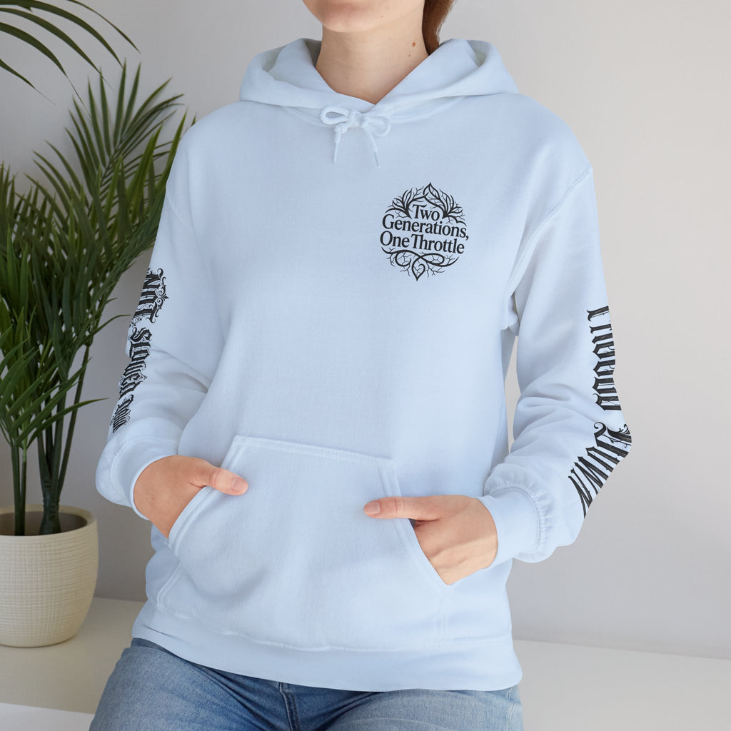 Hoodie — "Two Generations, One Throttle" Vintage Motorcycle Chest Logo