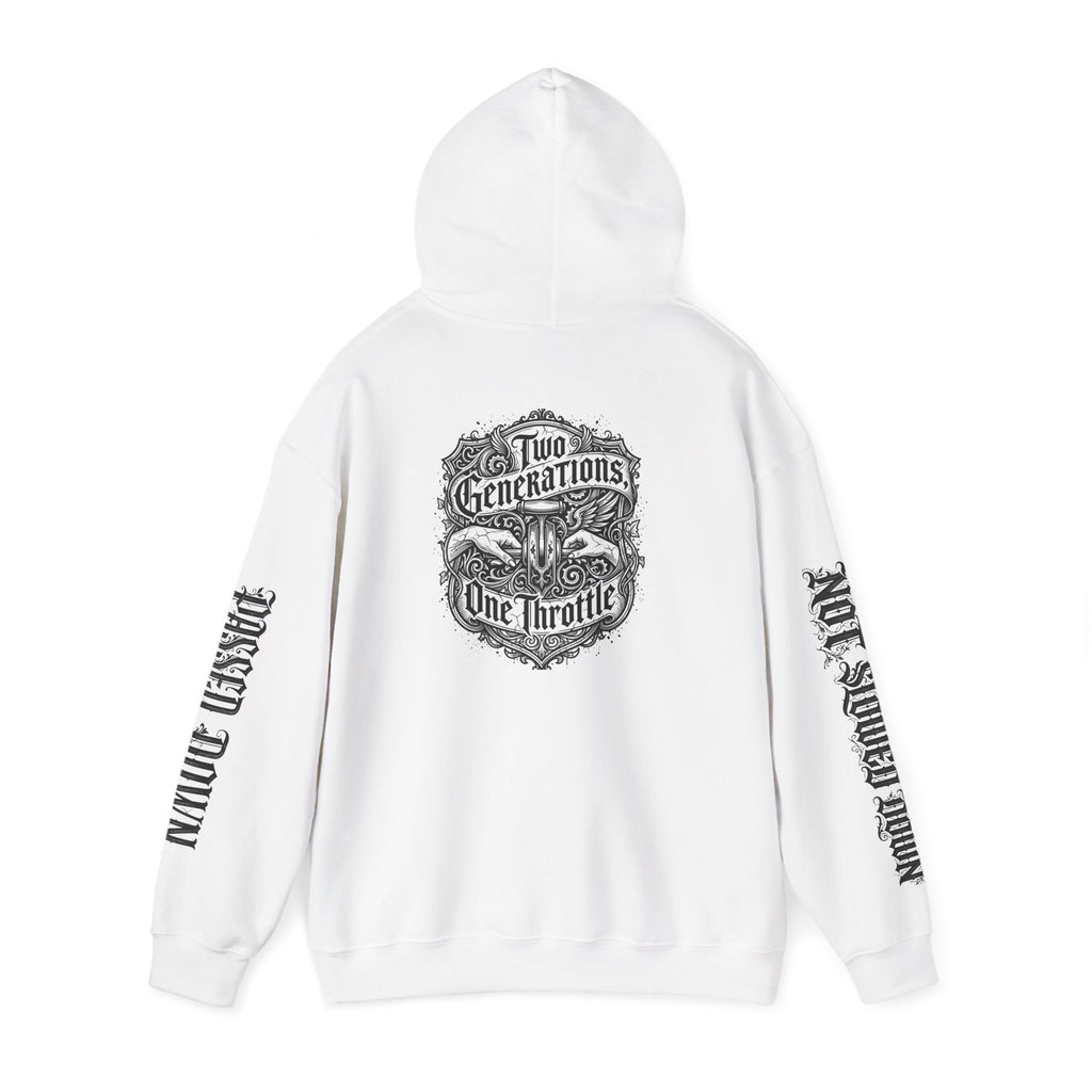 Hoodie — "Two Generations, One Throttle" Vintage Motorcycle Chest Logo