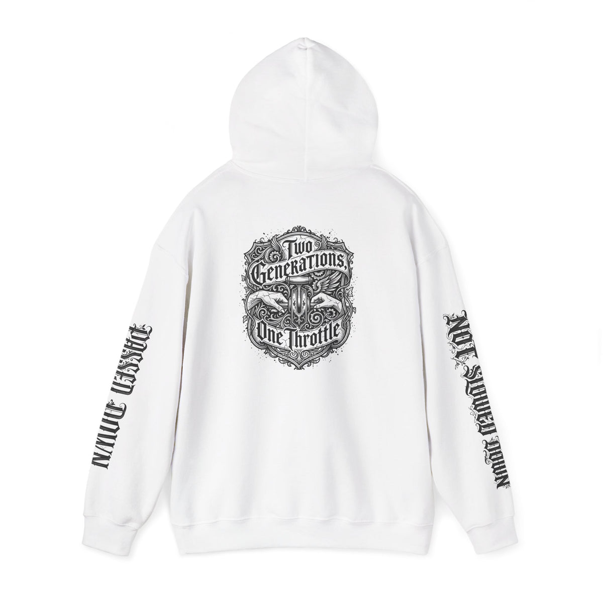 Hoodie — "Two Generations, One Throttle" Vintage Motorcycle Chest Logo