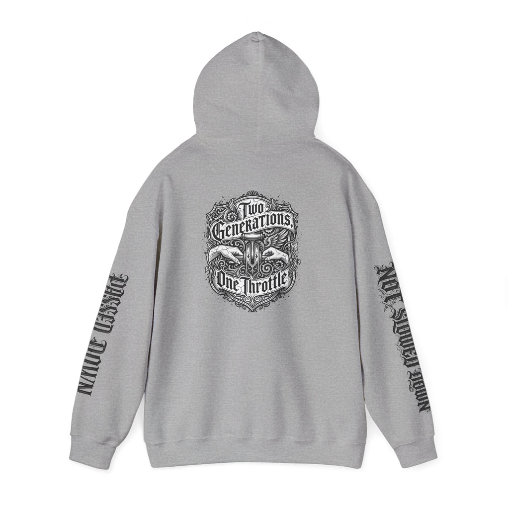 Hoodie — "Two Generations, One Throttle" Vintage Motorcycle Chest Logo