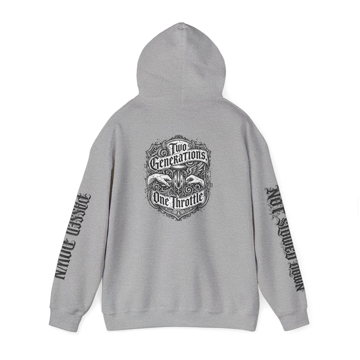 Hoodie — "Two Generations, One Throttle" Vintage Motorcycle Chest Logo