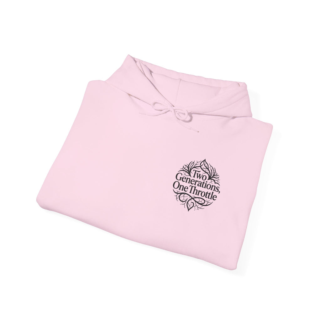 Hoodie — "Two Generations, One Throttle" Vintage Motorcycle Chest Logo