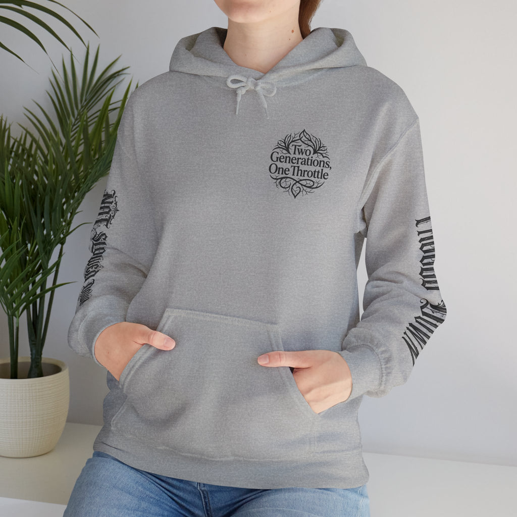 Hoodie — "Two Generations, One Throttle" Vintage Motorcycle Chest Logo