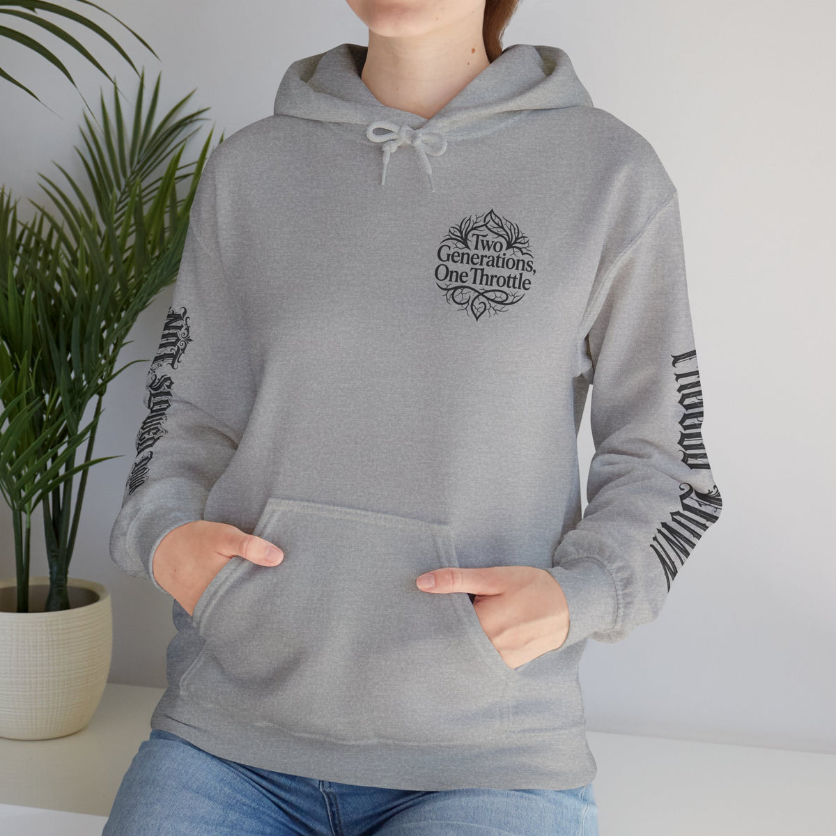 Hoodie — "Two Generations, One Throttle" Vintage Motorcycle Chest Logo
