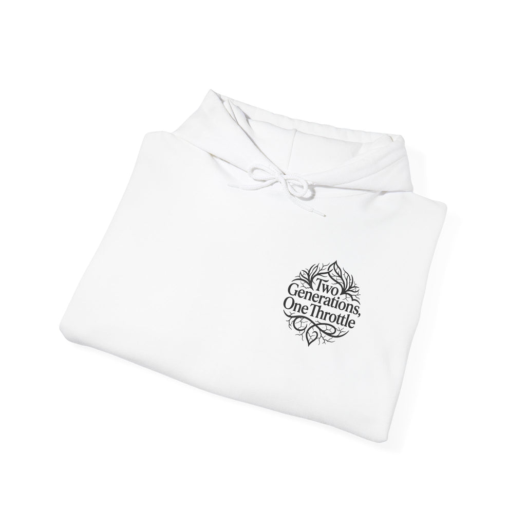 Hoodie — "Two Generations, One Throttle" Vintage Motorcycle Chest Logo