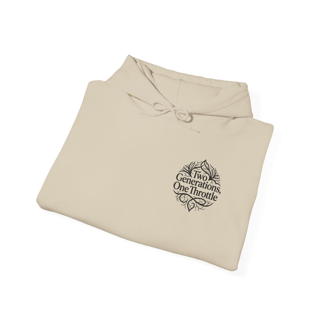 Hoodie — "Two Generations, One Throttle" Vintage Motorcycle Chest Logo