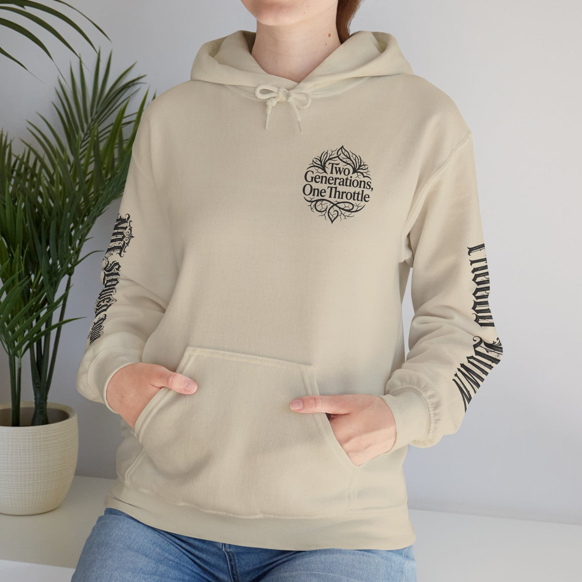 Hoodie — "Two Generations, One Throttle" Vintage Motorcycle Chest Logo